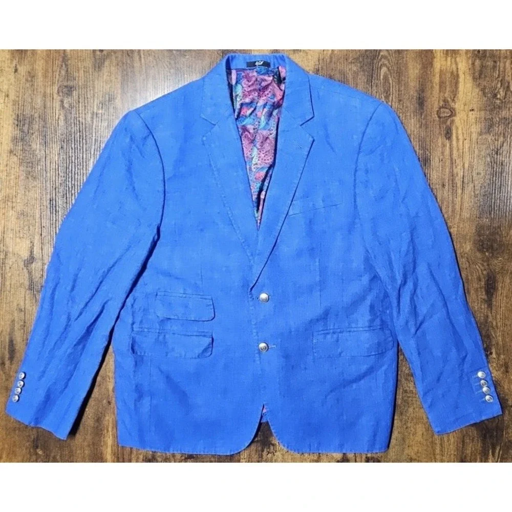 Marzoni Freschezza Linen Blazer Men's Floral Lining 2-Button Blue Size 44